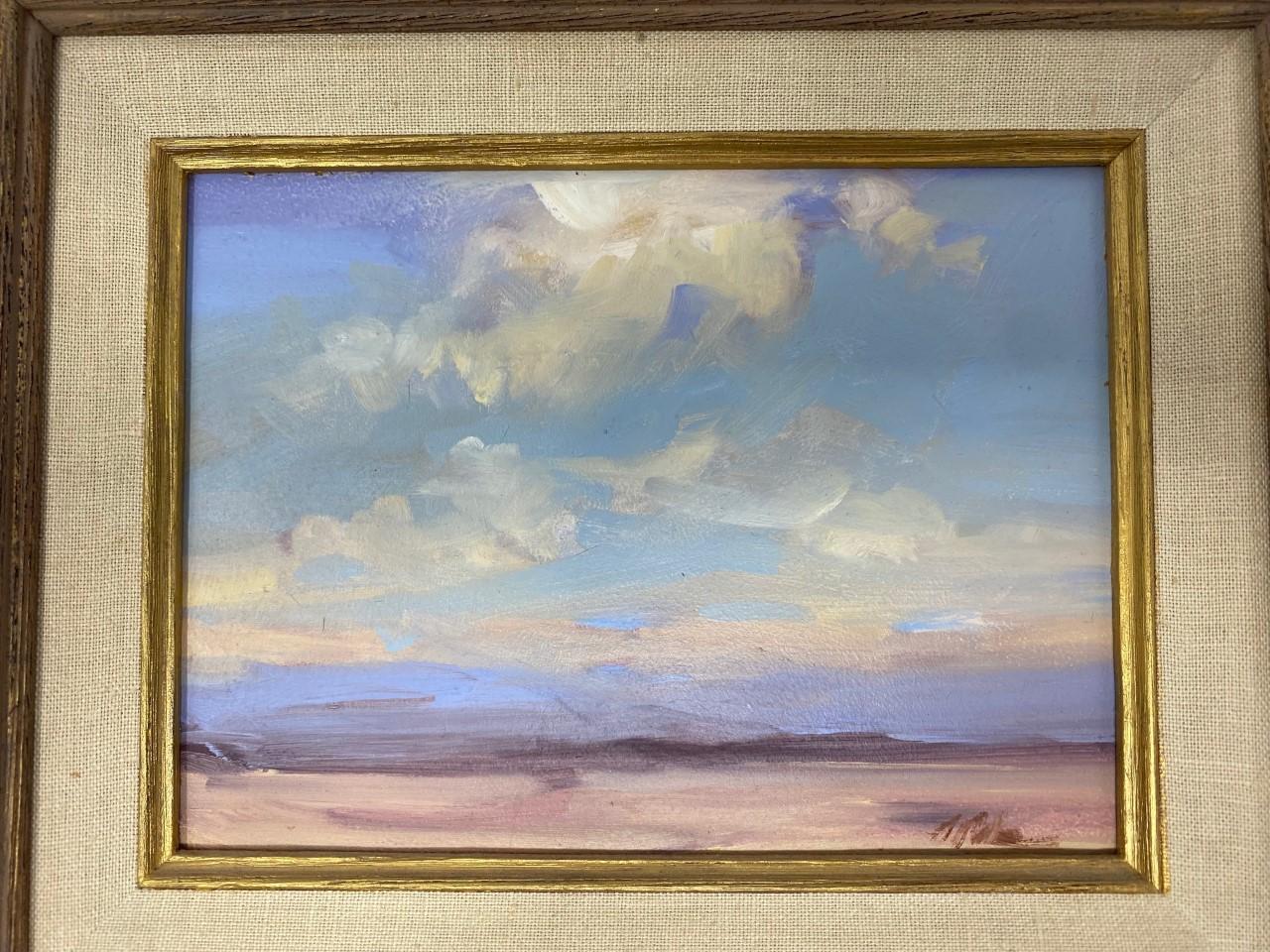 Very unique and beautiful oil on canvas rendition by celebrated american painter George Pate.  This original piece is part of the New Mexico series by George Pate.  The piece is 6”x8” framed in a 11”x13”.  The painting exhibits a beautiful desert
