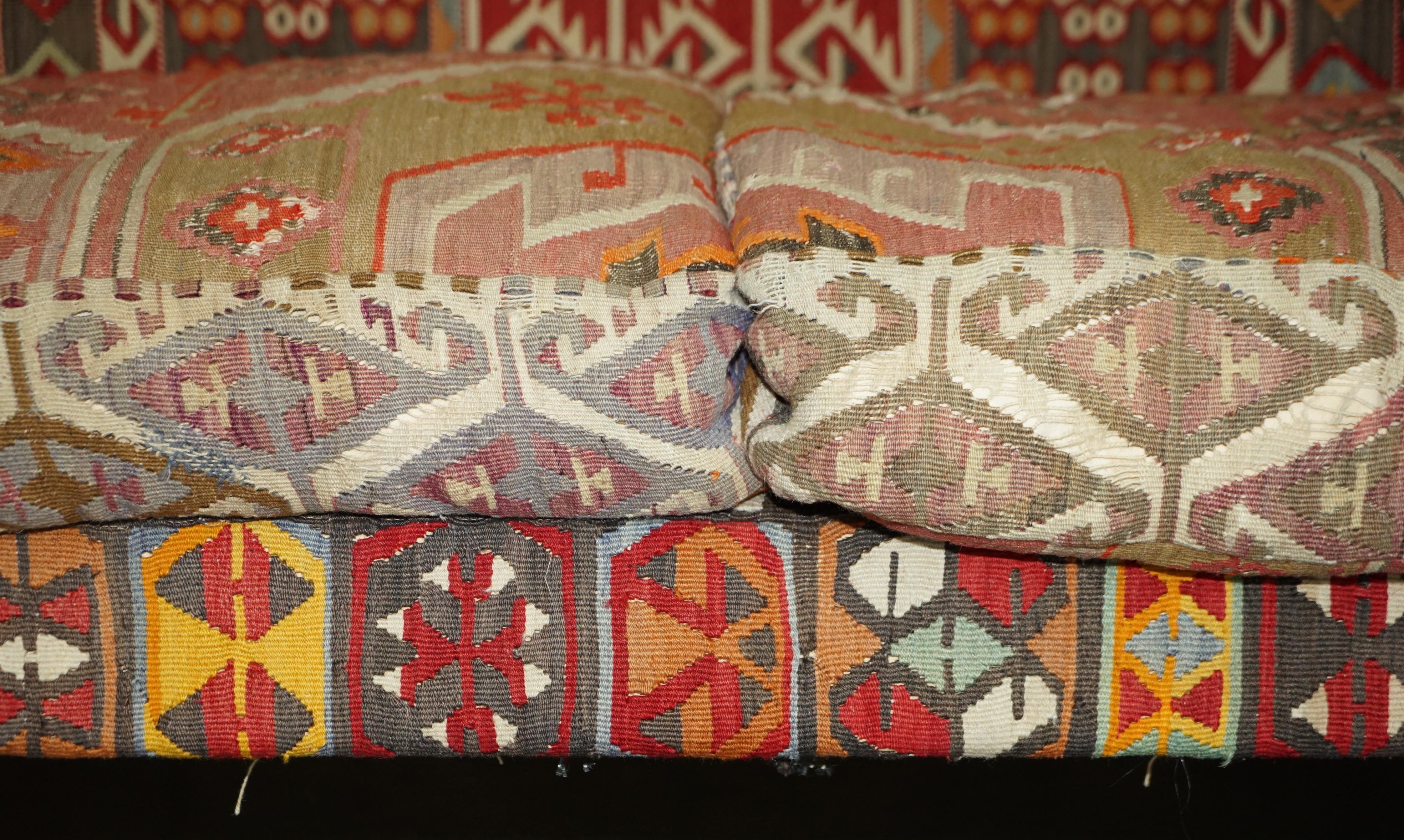 Hand-Crafted Vintage George Smith Kilim Upholstered Three Seat Couch or Sofa Feather Cushions For Sale