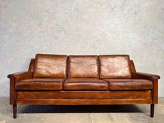 Vintage George Thams 60s Patinated Tan Three Seater Leather Sofa Retro #411