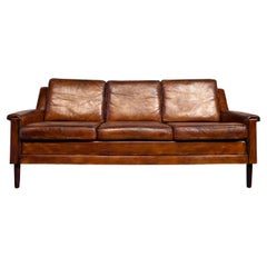 Vintage George Thams 60s Patinated Tan Three Seater Leather Sofa Retro #411