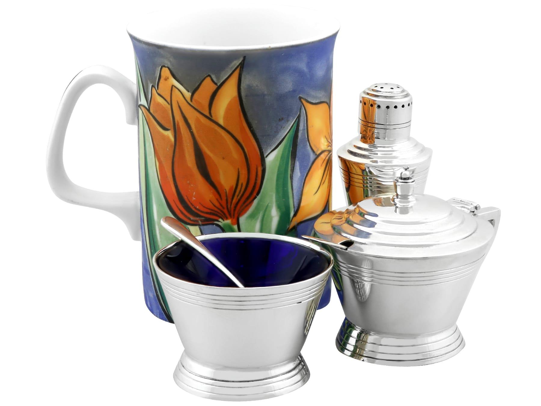 Anglais Service à condiments vintage de style Art déco George VI en argent sterling (1947) en vente