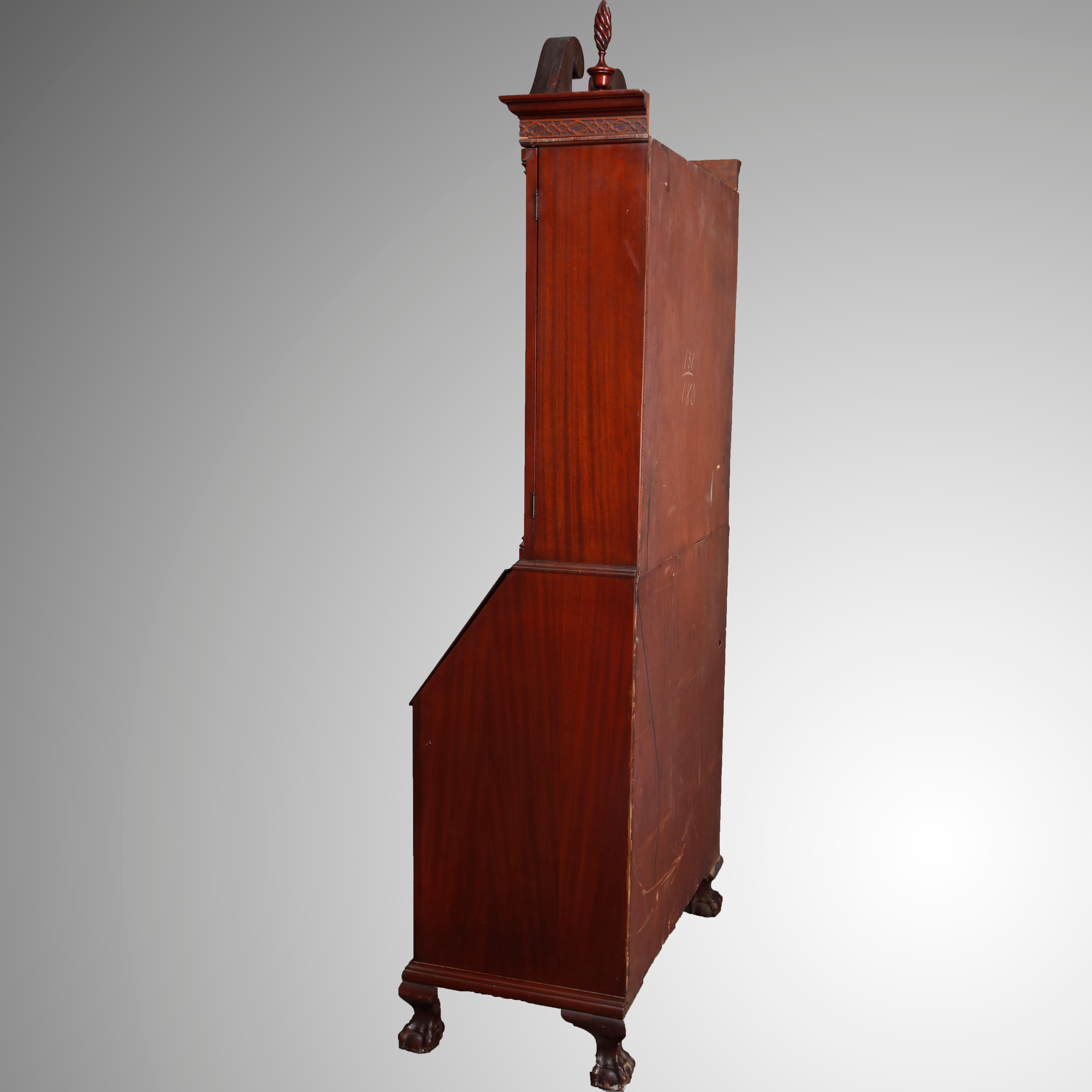 American George Winthrop Carved Mahogany Drop Front Secretary & Bookcase, circa 1950