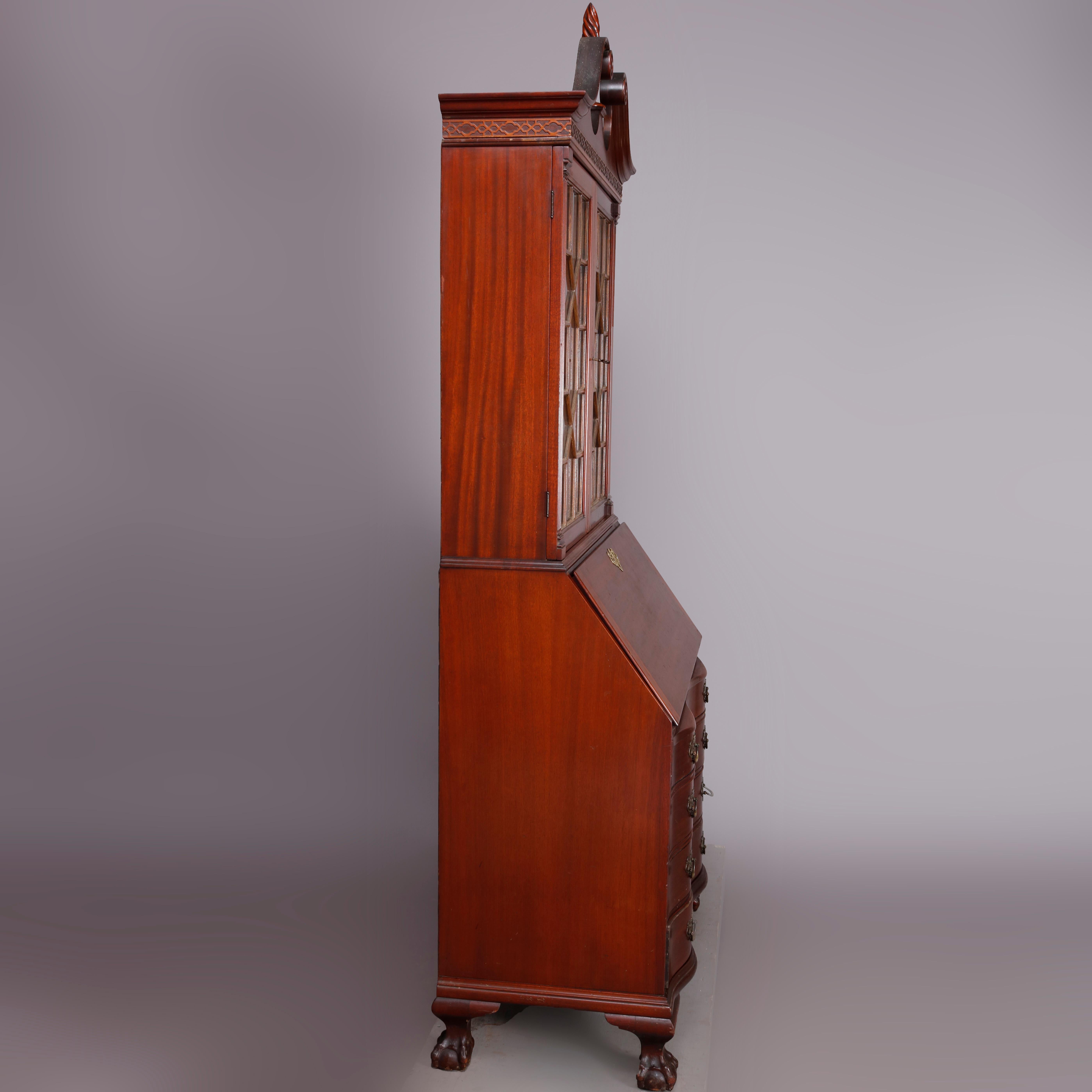 George Winthrop Carved Mahogany Drop Front Secretary & Bookcase, circa 1950 In Good Condition In Big Flats, NY