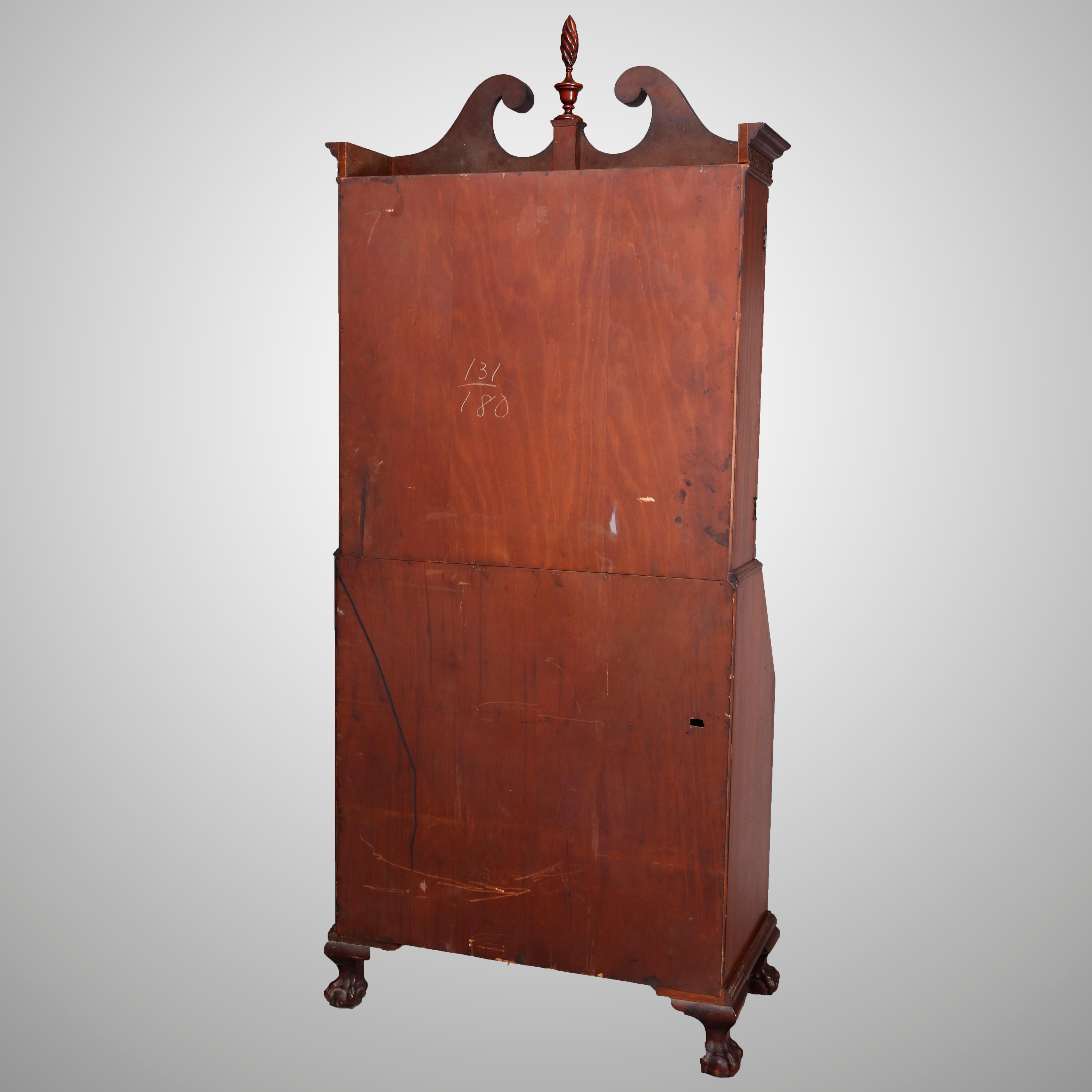 20th Century George Winthrop Carved Mahogany Drop Front Secretary & Bookcase, circa 1950