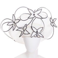 Vintage George Zamaul Couture Statement Hat in White w Black Trim & Rhinestones