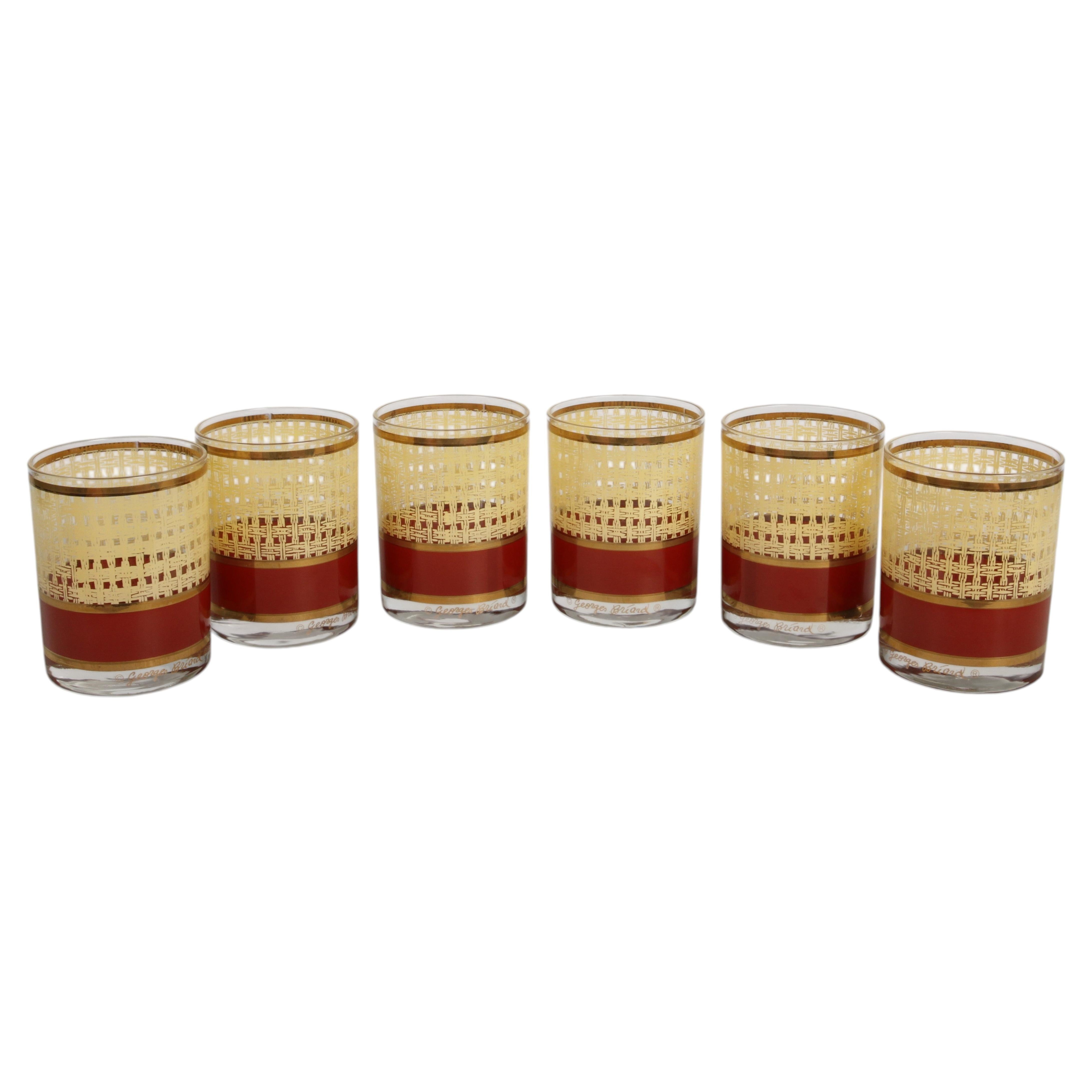 Vintage Georges Briard 22k Gold "Cane Roan" Lowball Glasses Set of 6 w/ Box For Sale