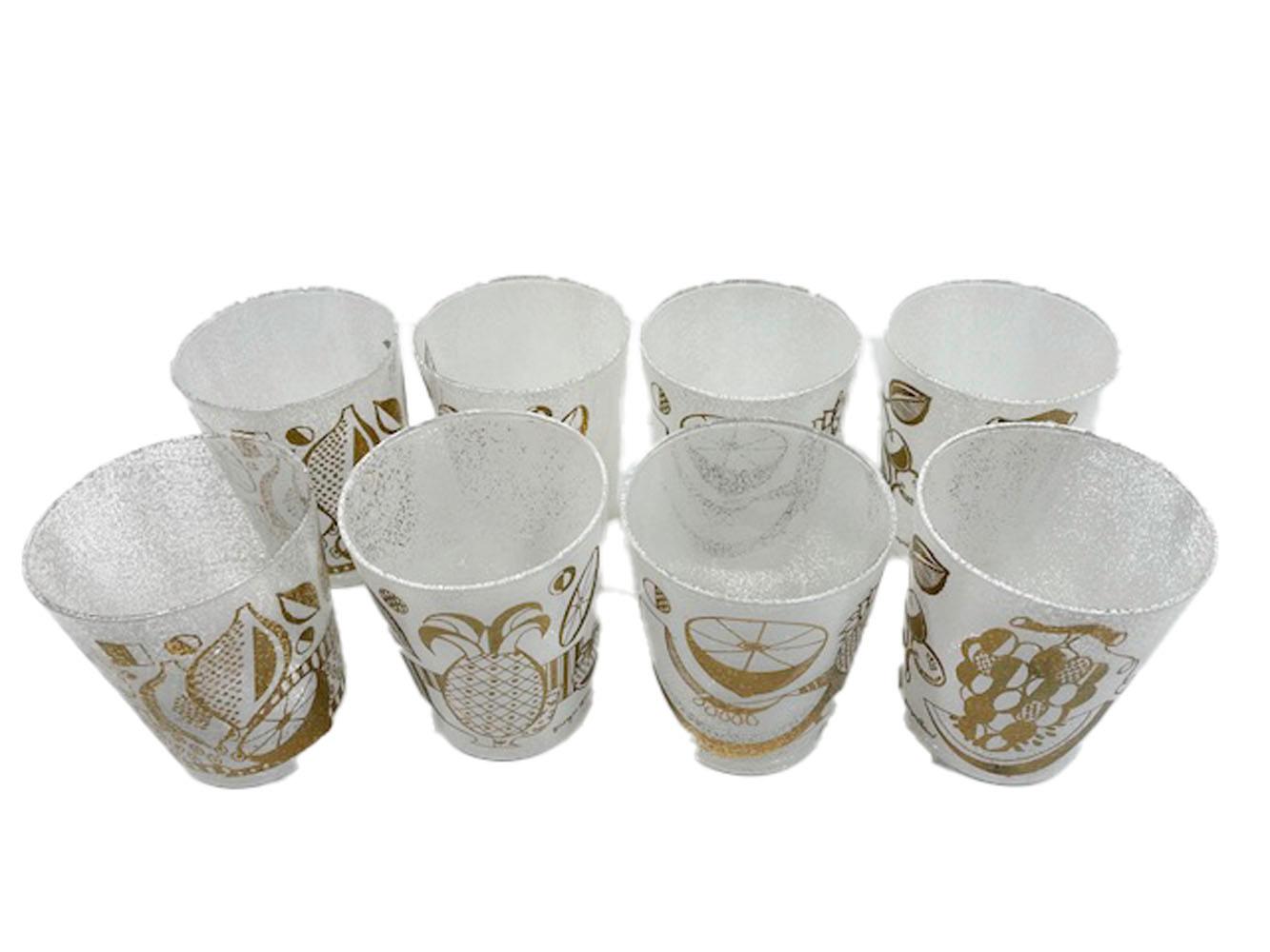 Mid-Century Modern 9 piece pitcher and double old fashioned cocktail set in the Ambrosia pattern, also called Nectar of the Gods by Georges Briard. Clear glass with white spattered exterior and 22k gold decoration, The pitcher featuring a pineapple