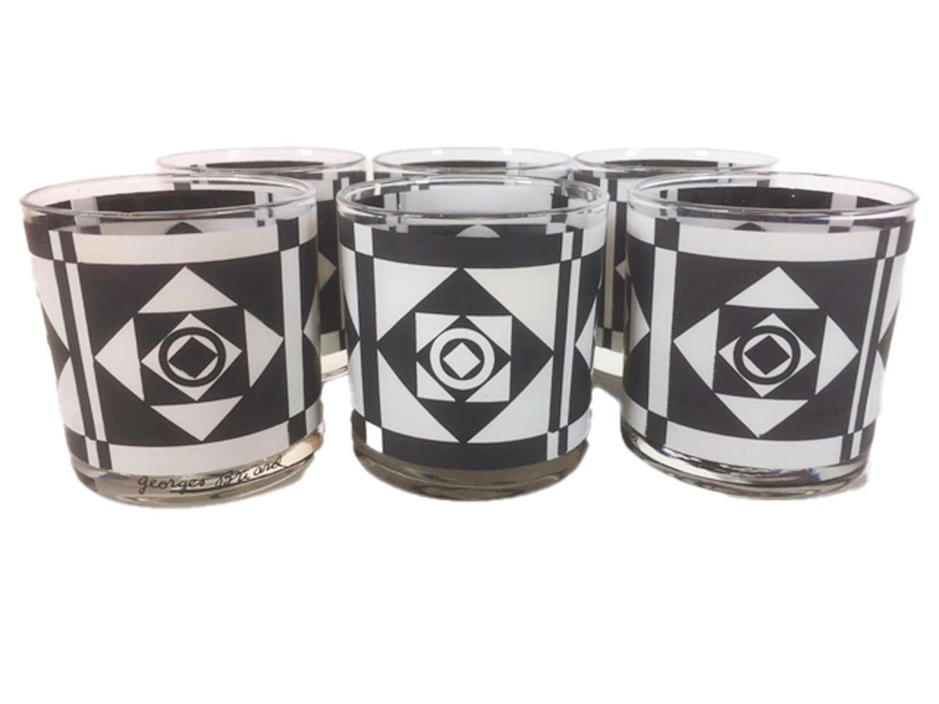 Vintage fourteen-piece set of Georges Briard barware in one of the late 1960s Op-Art patterns with an arrangement of black and white triangles, squares and circles creating an optical effect. 

8 - Highball: 5-1/2