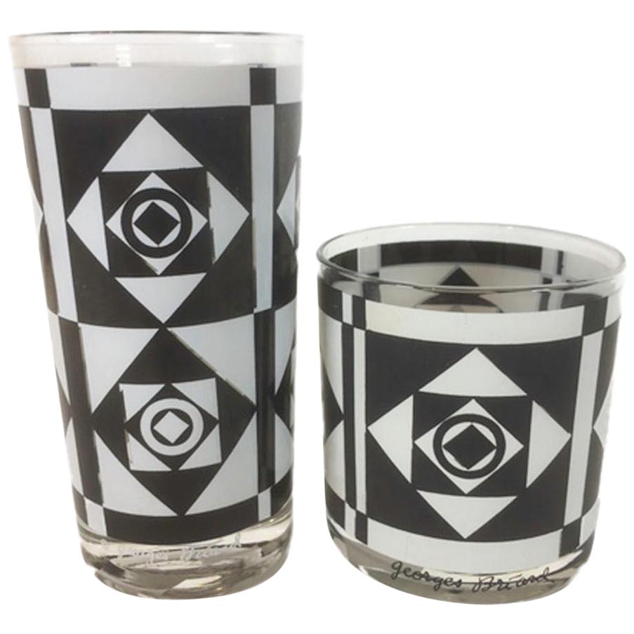 Vintage Georges Briard, Black & White Geometric Bar Glasses, 8 Highball, 6 Rocks For Sale