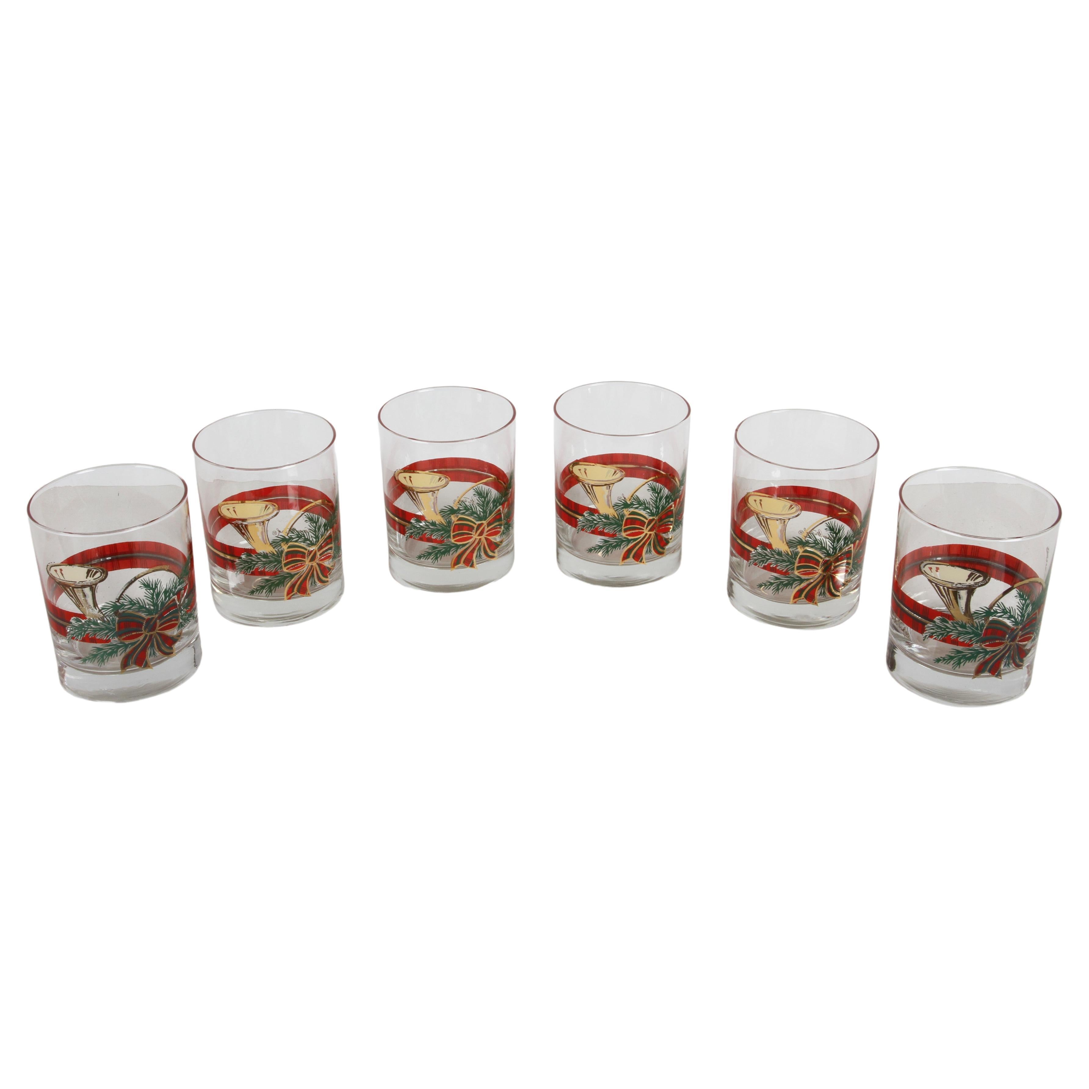 Vintage Georges Briard Christmas Theme Horn & Reef Low Ball Bar Glasses Set of 6 For Sale