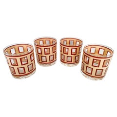 Vintage Georges Briard Glasses in the "Windows" Pattern, in Tan w/Brown and Red
