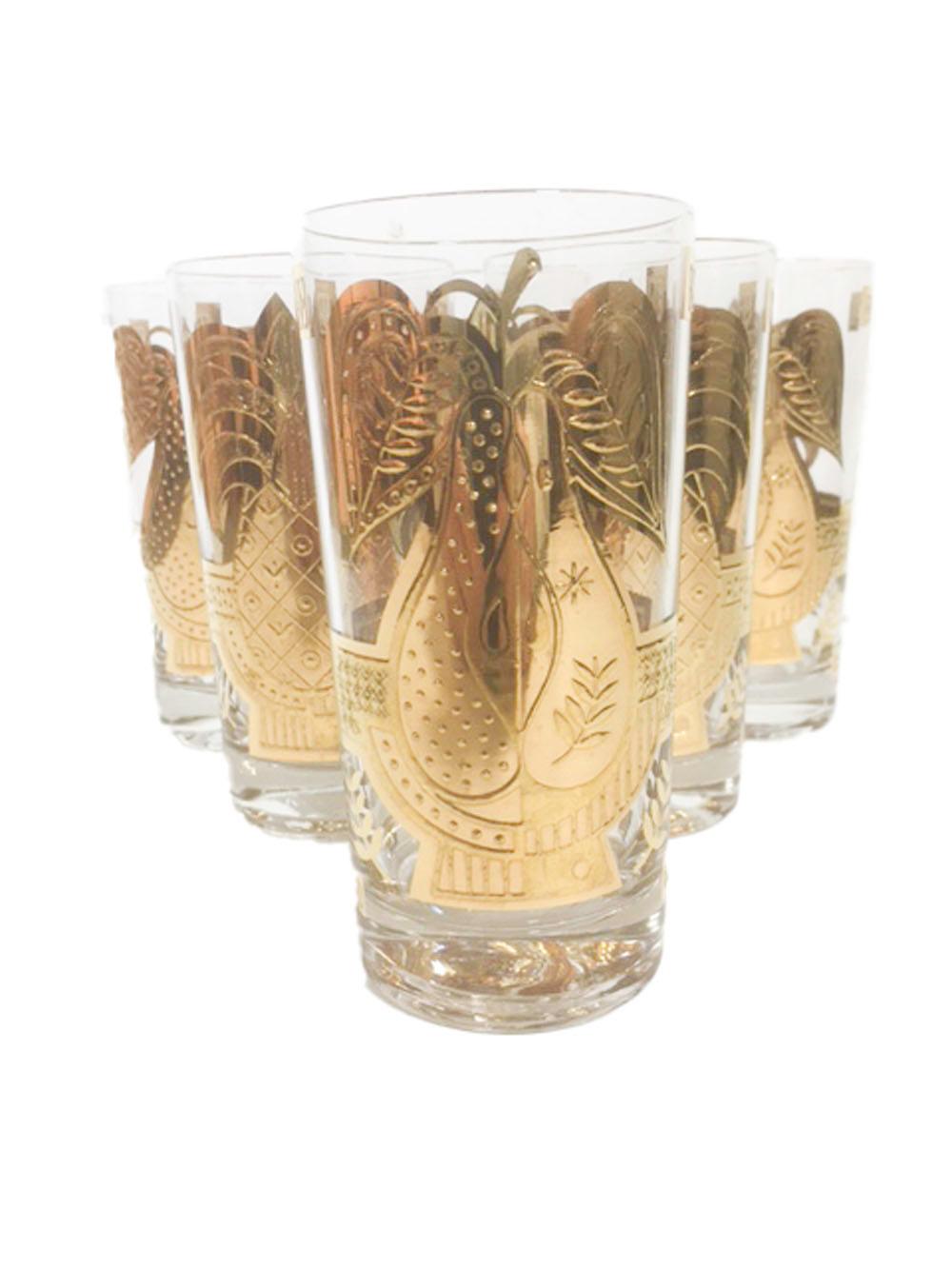 Mid-Century Modern Vintage Georges Briard Highball Glasses with 22k Gold Pineapple and Pear Design For Sale