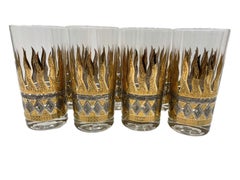 Vintage Georges Briard Highball Glasses with Golden Flames, Gold & Silver Bands