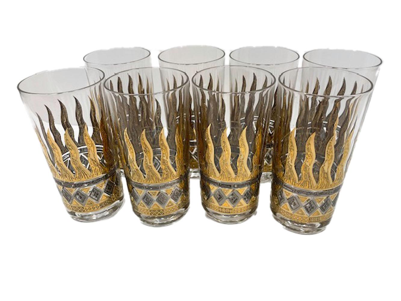 Mid-Century Modern Vintage Georges Briard Highball Glasses with Golden Flames, Gold & Silver Bands