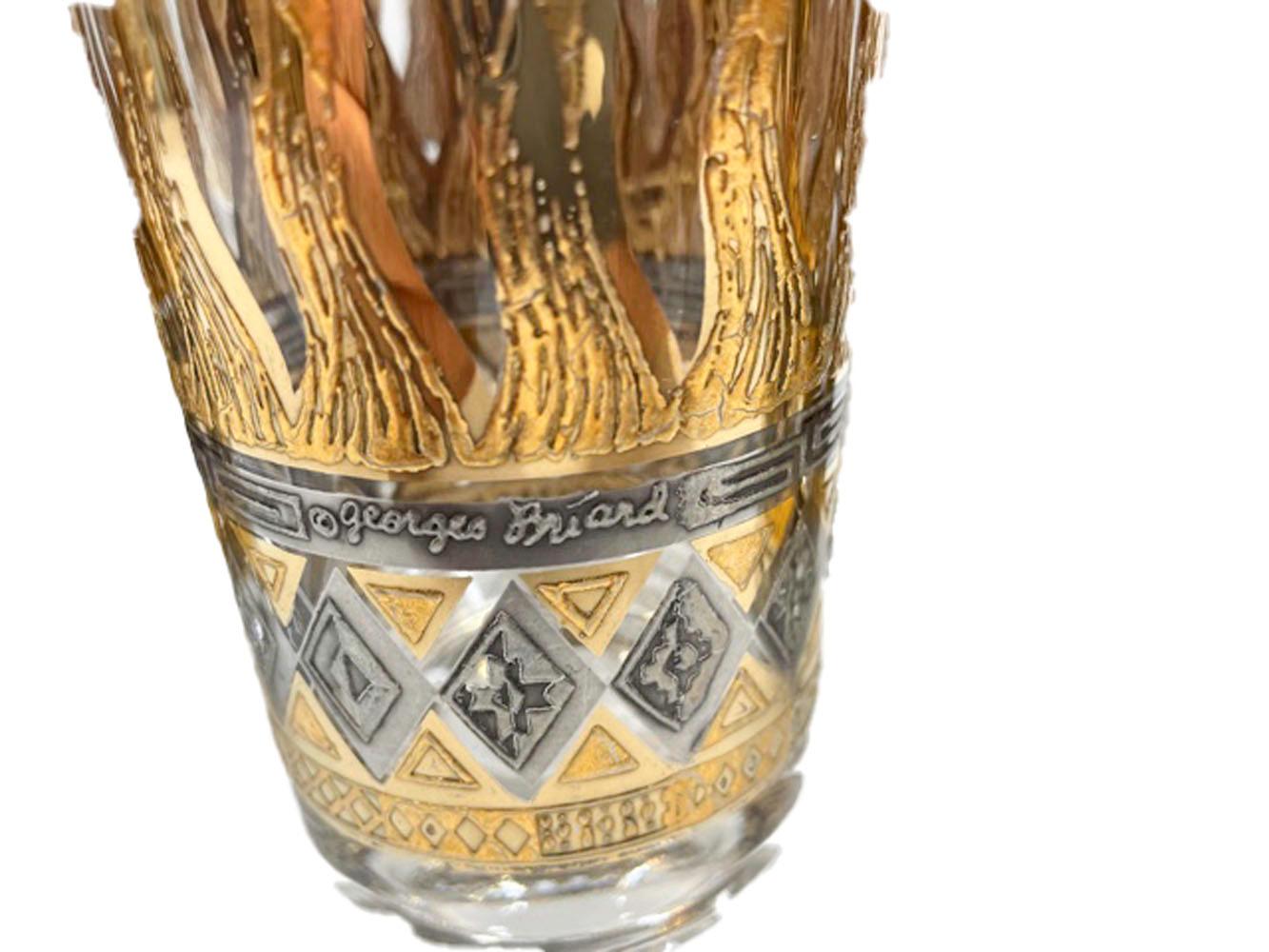 American Vintage Georges Briard Highball Glasses with Golden Flames, Gold & Silver Bands
