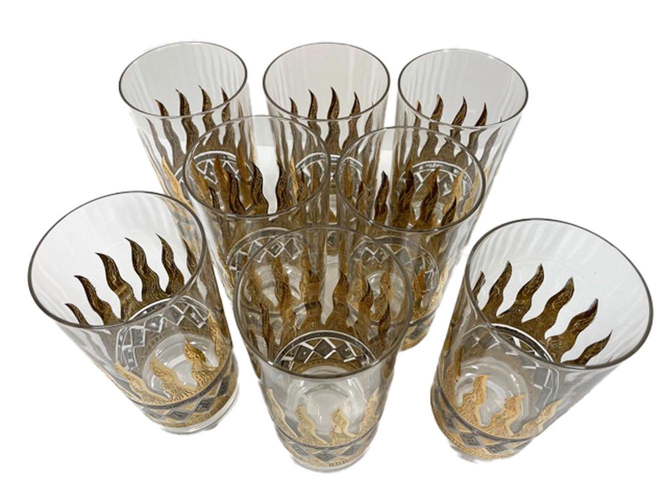 Vintage Georges Briard Highball Glasses with Golden Flames, Gold & Silver Bands In Good Condition In Nantucket, MA