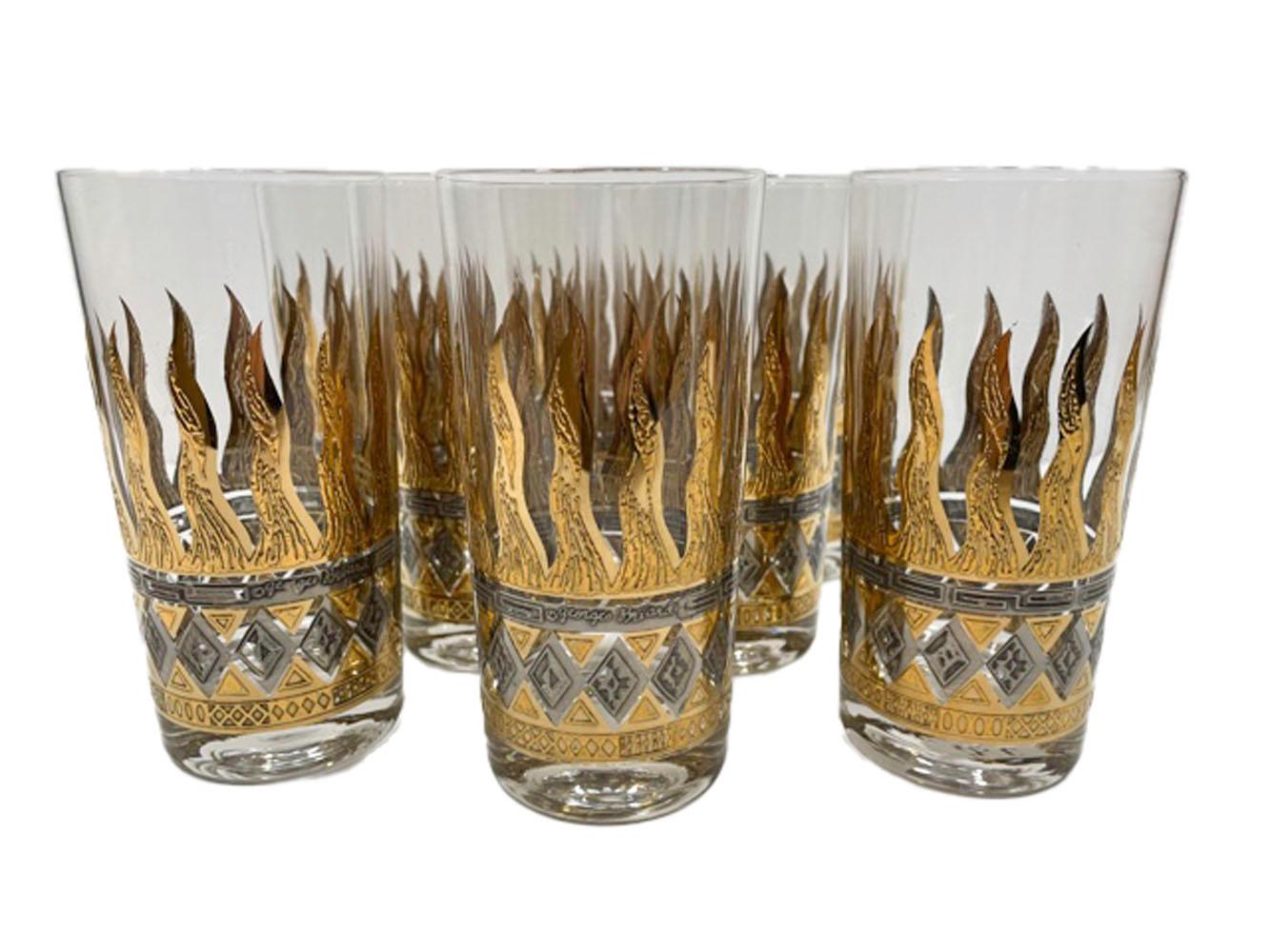 20th Century Vintage Georges Briard Highball Glasses with Golden Flames, Gold & Silver Bands