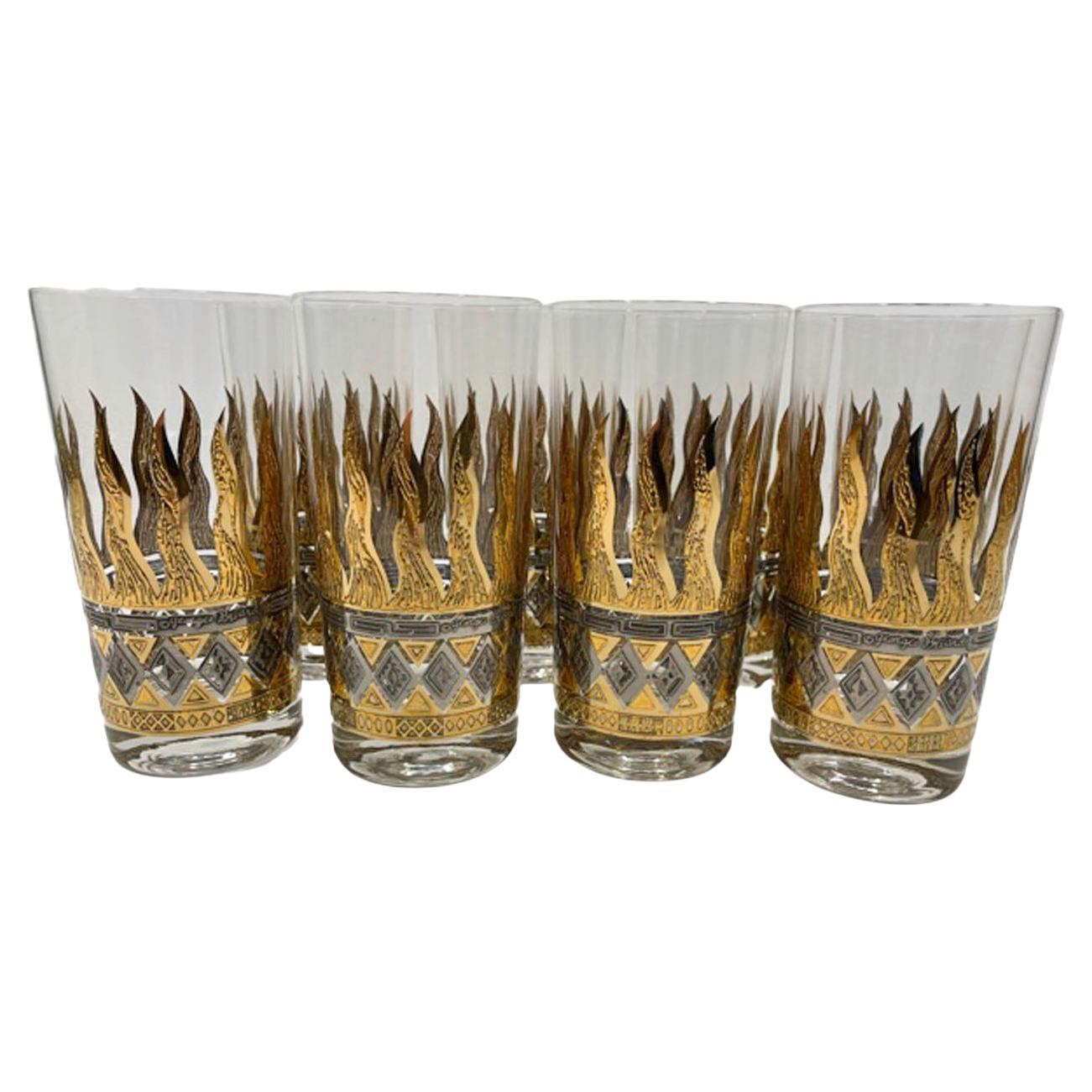 Vintage Georges Briard Highball Glasses with Golden Flames, Gold & Silver Bands