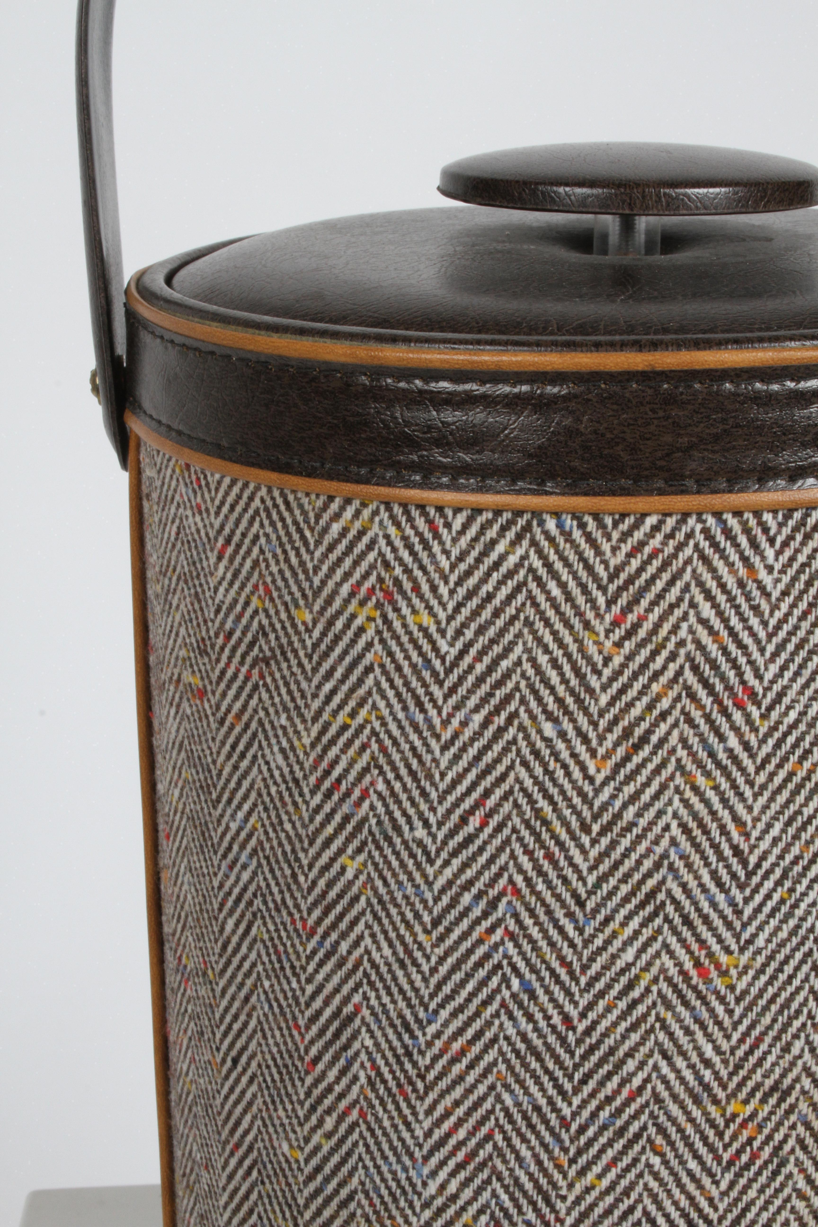 Handsome Mid-Century Modern ice bucket or wine cooler, signed Georges Briard, tall thermal lined bucket with tweed & vinyl plus lid. Very clean, as in little to no use. Inside measurements 6.5