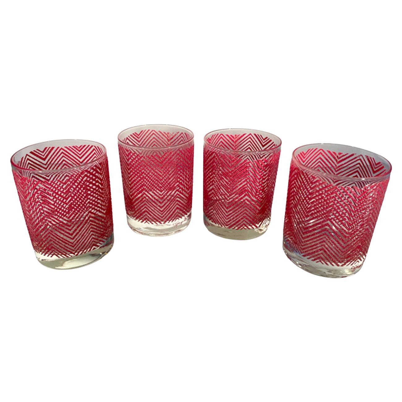 Vintage Georges Briard Red 'Icicle' Design Rocks Glasses in Herringbone Pattern