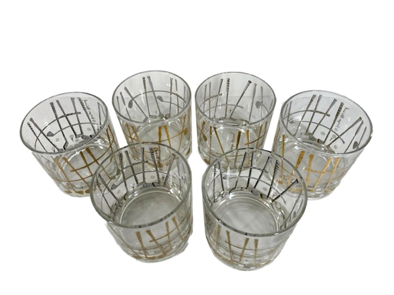 Mid-Century Modern Vintage Georges Briard Rocks Glasses in the Golf Pattern Executed in 22k Gold