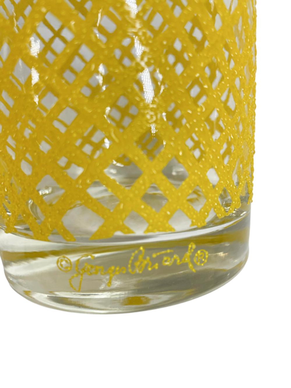 Mid-Century Modern Vintage Georges Briard Rocks Glasses w/Yellow Net Non-Slip Textured Surface For Sale
