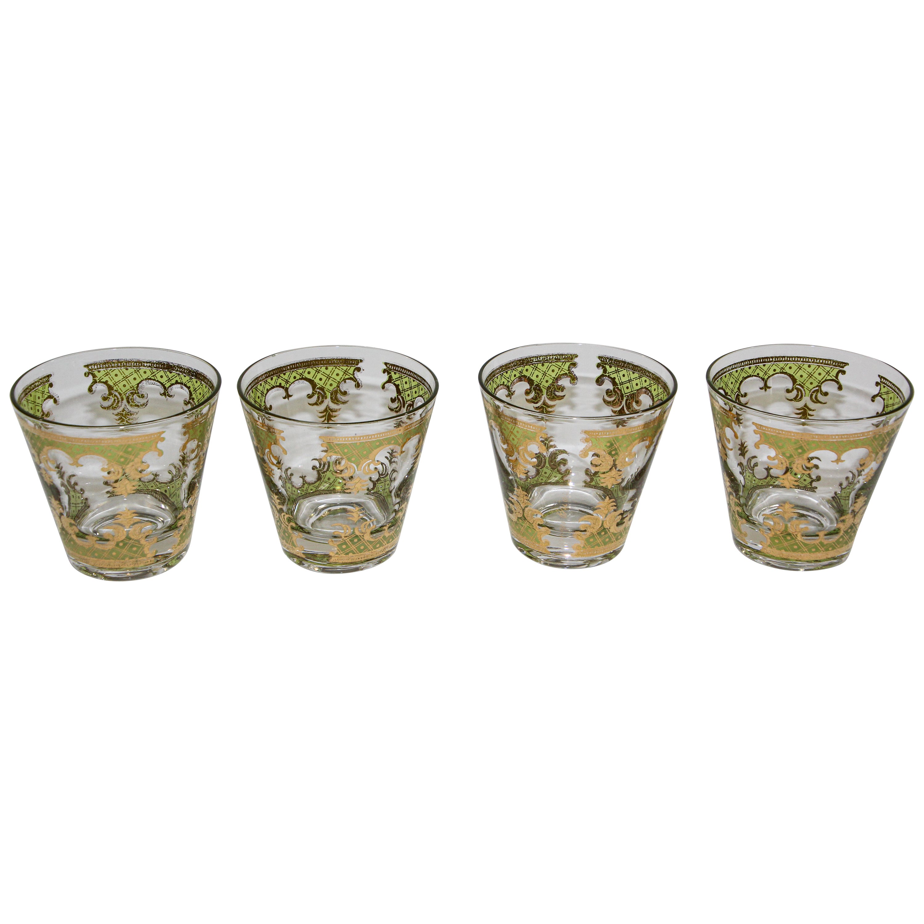 Vintage Georges Briard Set of Four Rock Glasses Green and Gold
