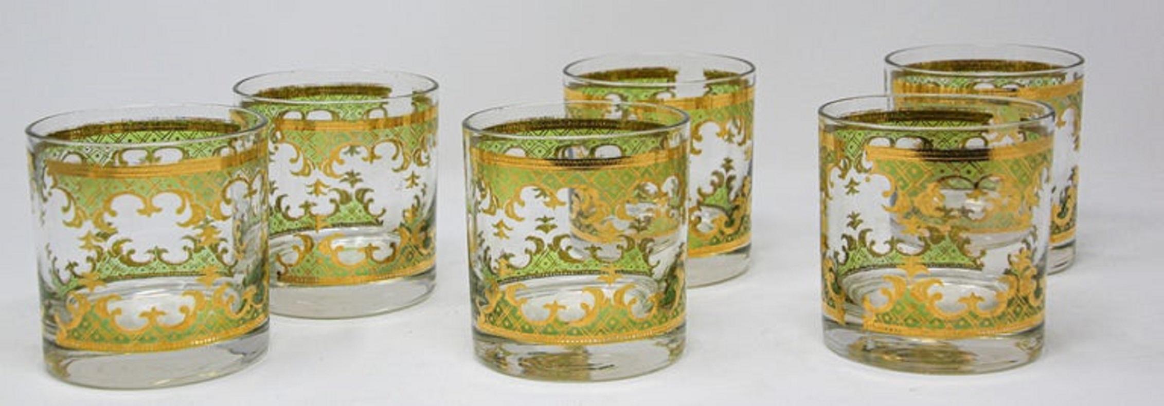 Mid-Century Modern Vintage Georges Briard Set of Six Rock Glasses Green and Gold  For Sale