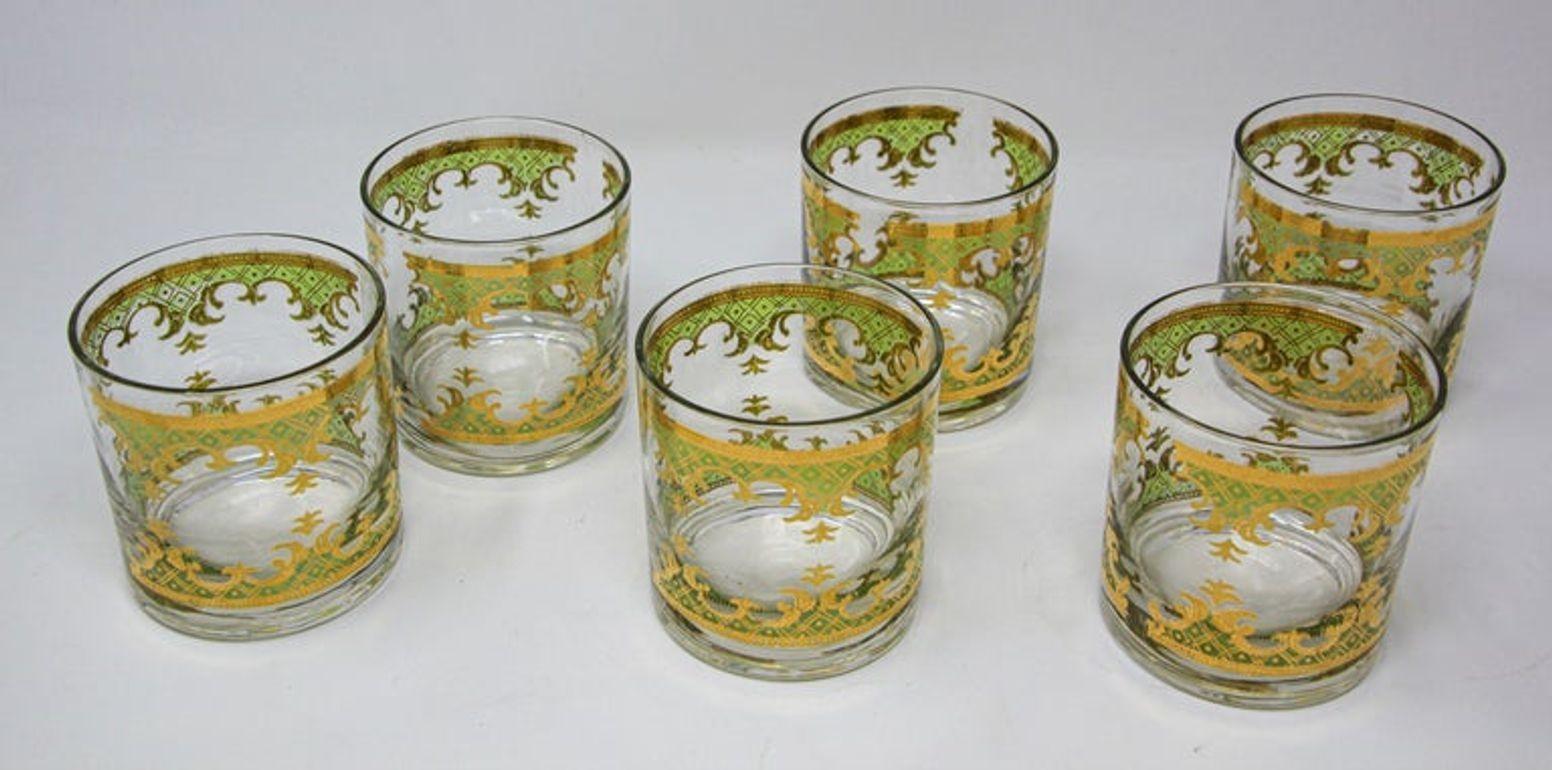 American Vintage Georges Briard Set of Six Rock Glasses Green and Gold  For Sale
