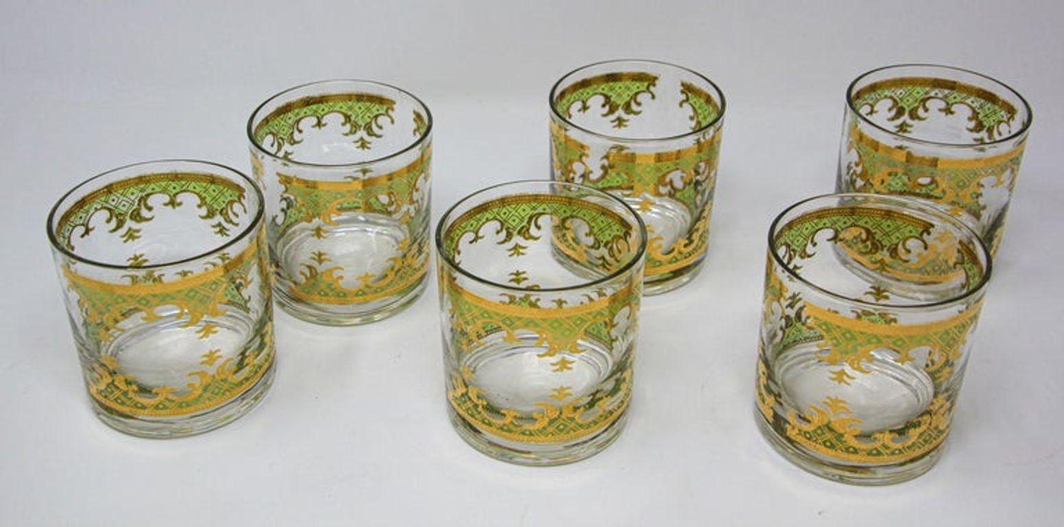 Mid-Century Modern Vintage Georges Briard Set of Six Rock Glasses Green and Gold For Sale