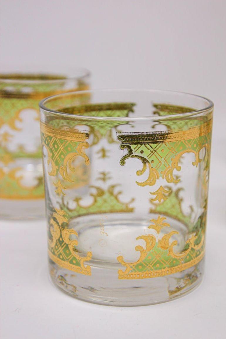 Vintage Georges Briard Set of Six Rock Glasses Green and Gold  In Good Condition For Sale In North Hollywood, CA