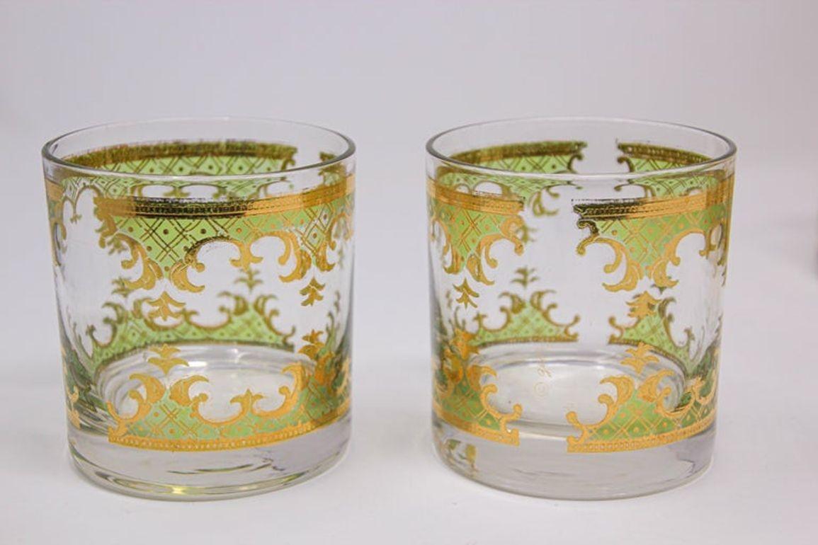 20th Century Vintage Georges Briard Set of Six Rock Glasses Green and Gold  For Sale
