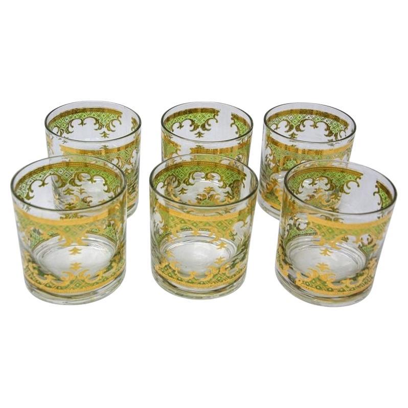 Vintage Georges Briard Set of Six Rock Glasses Green and Gold  For Sale