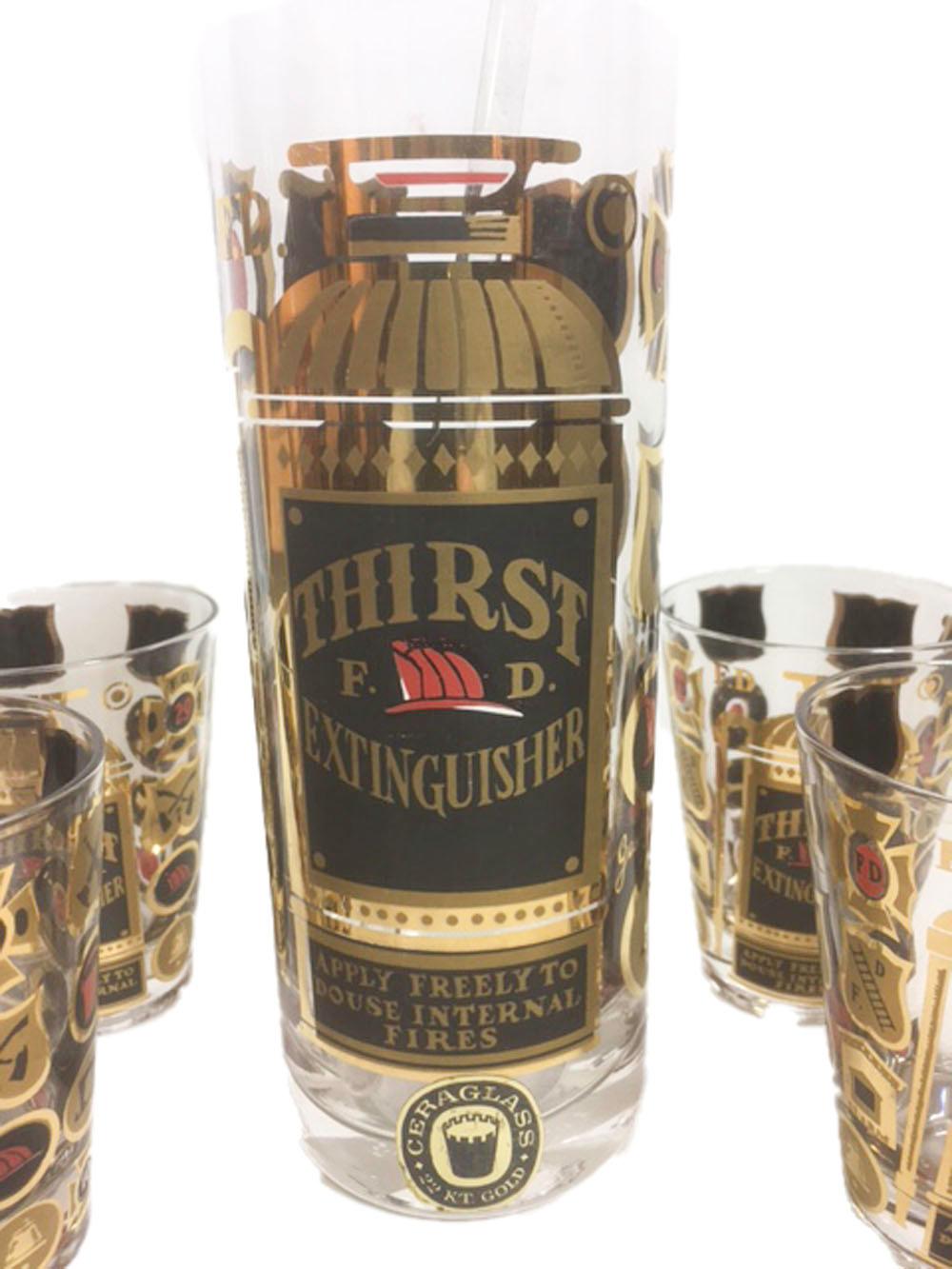 Enameled Vintage Georges Briard Thirst Extinguisher Cocktail Set, Pitcher and 6 Glasses