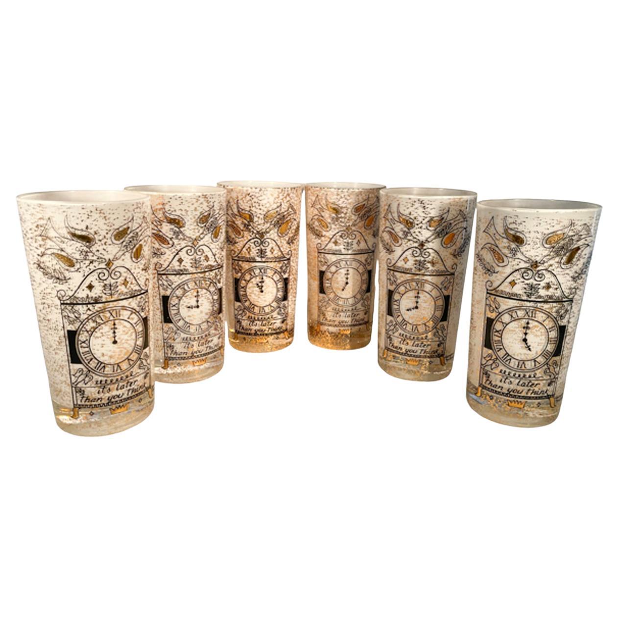 Vintage Georges Briard, White "It's Later Than You Think" Highball Glasses