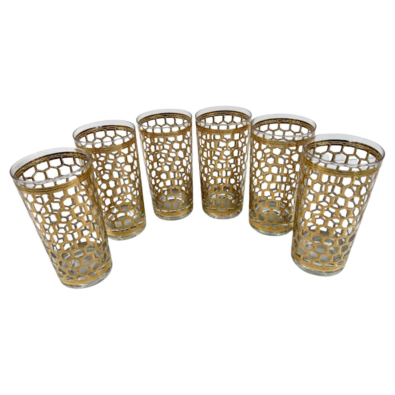 Vintage Georges Briard "Wire" Pattern Highball Glasses in 22 Karat Gold on Glass For Sale
