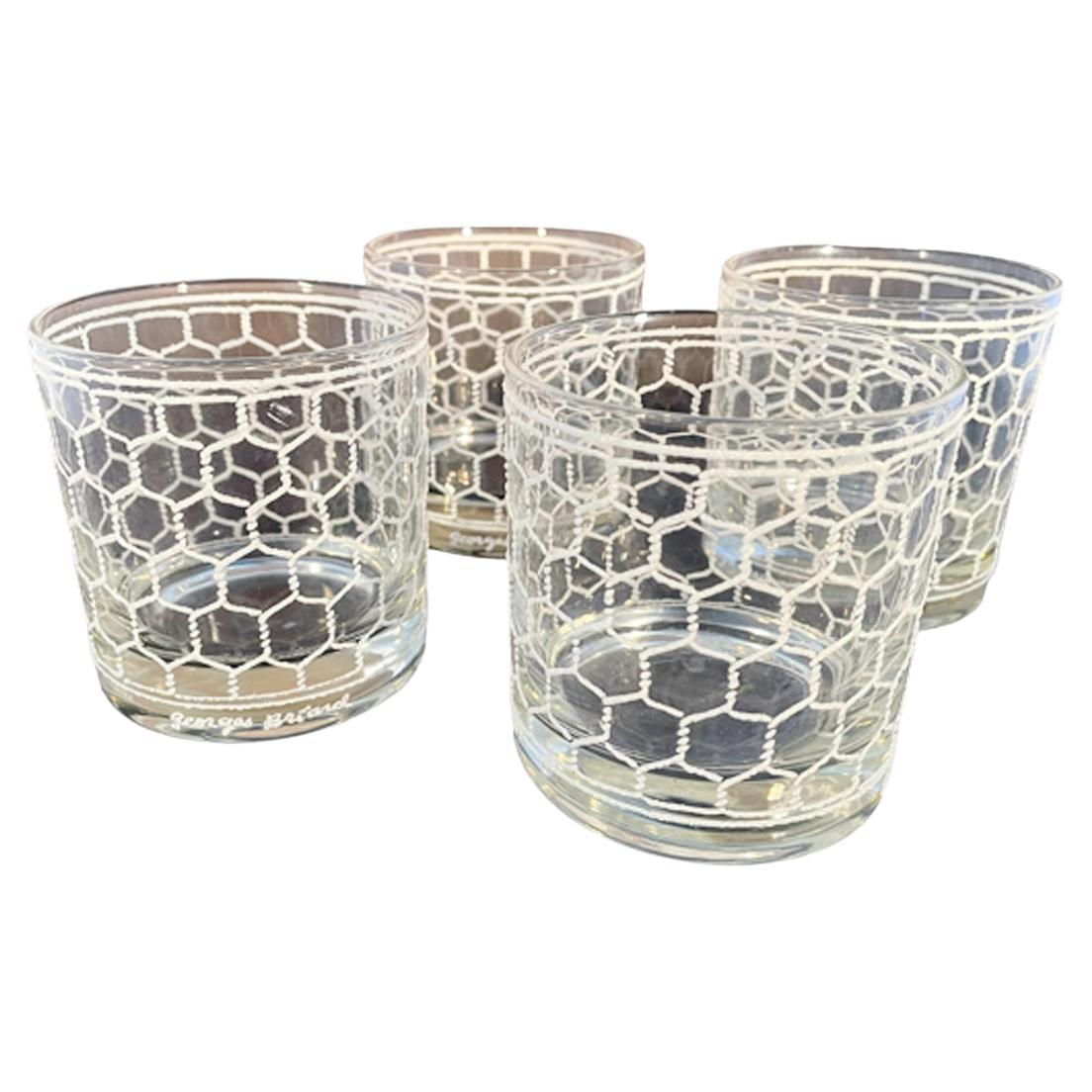 Vintage Georges Briard "Wire" Pattern Rocks Glasses in White on Clear Glass For Sale