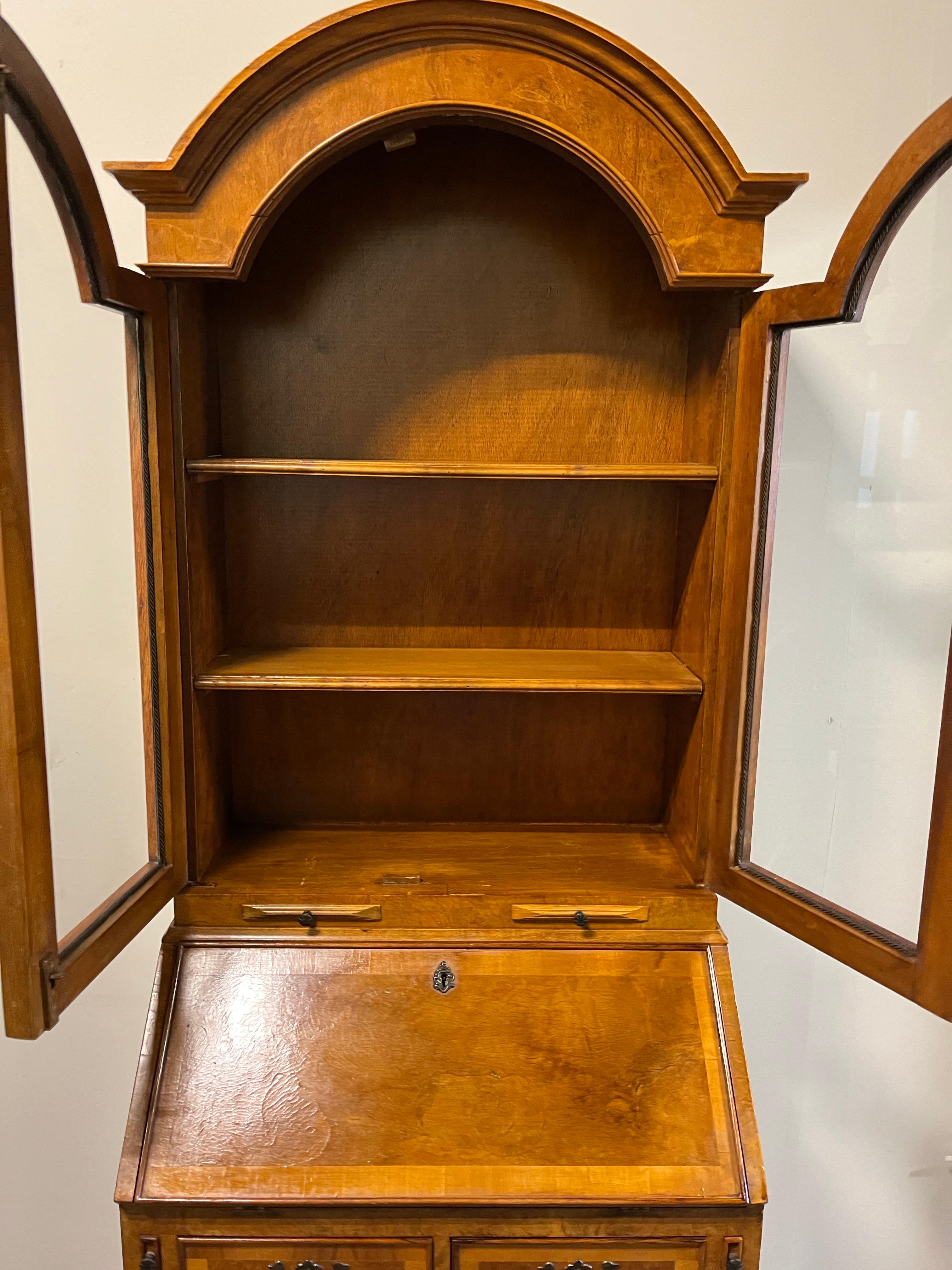 Italian Vintage Georgian Burl Secretary Bookcase Italy For Sale