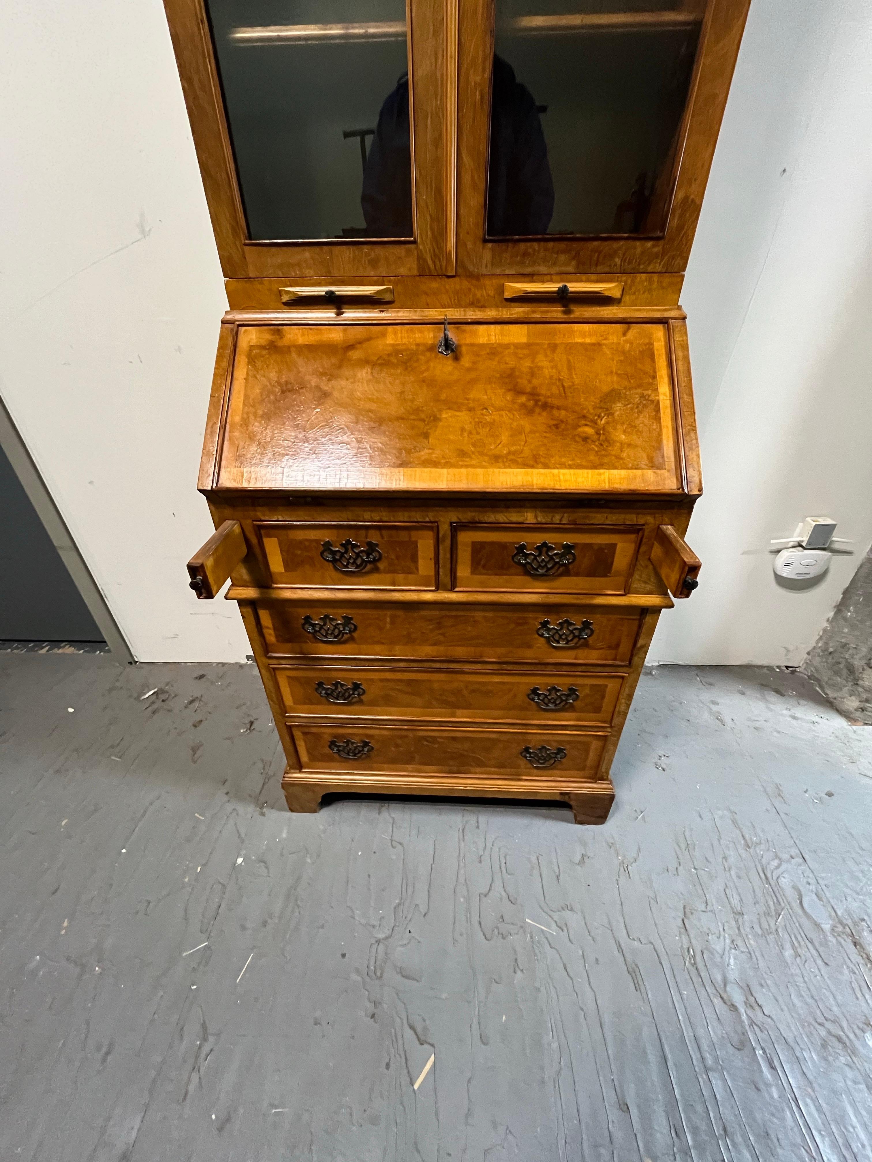 20th Century Vintage Georgian Burl Secretary Bookcase Italy For Sale