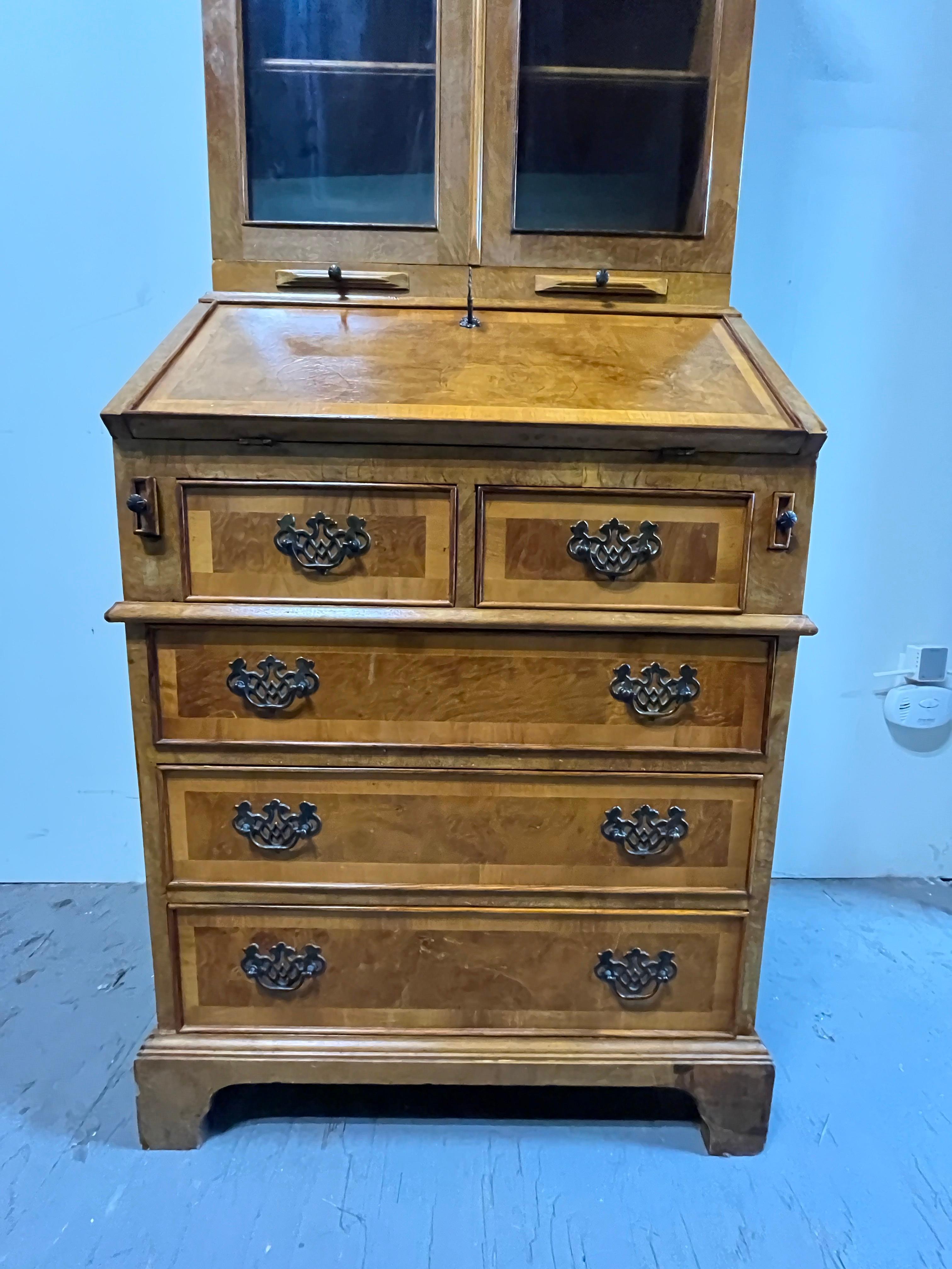 Brass Vintage Georgian Burl Secretary Bookcase Italy For Sale