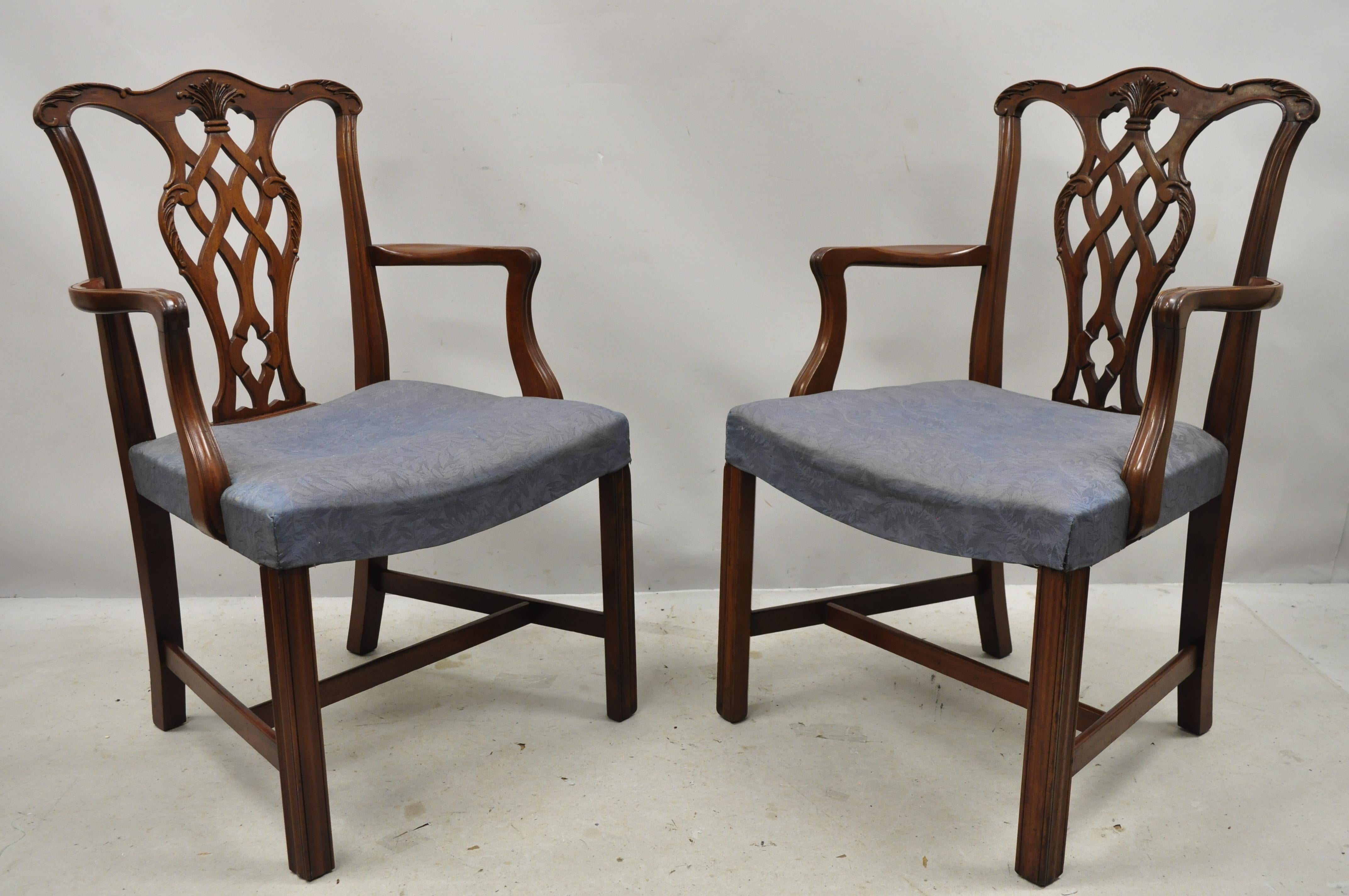Vintage Georgian Chippendale carved mahogany dining captains armchairs, pair B. Item features solid wood frame, beautiful wood grain, nicely carved details, very nice antique item, circa early to mid-20th century. Measurements: 37.5