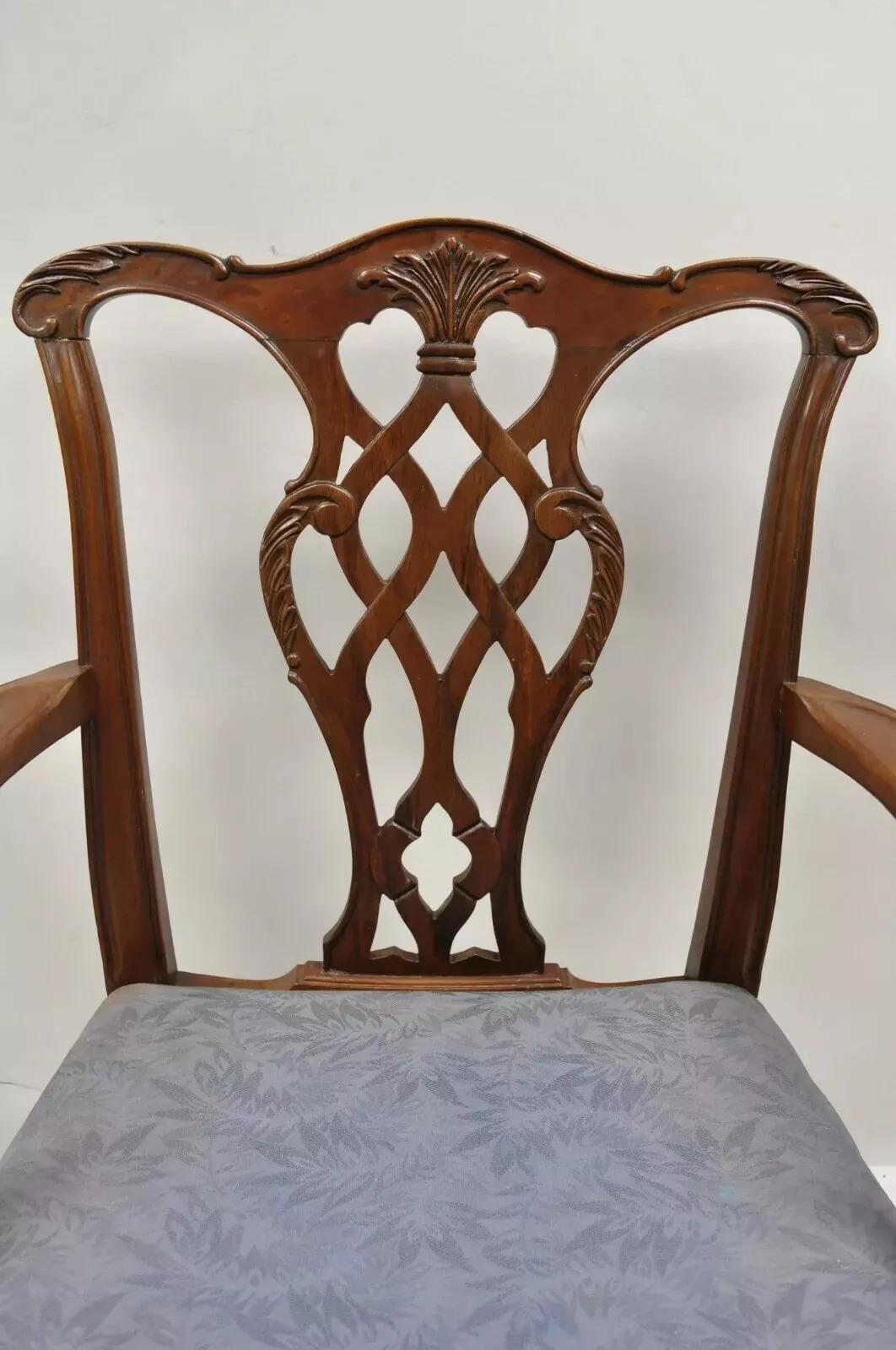 Inconnu Vintage Georgian Chippendale Carved Mahogany Dining Captains Arm Chairs - Pair I B en vente