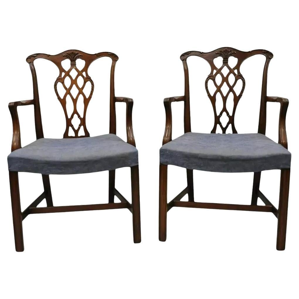 Vintage Georgian Chippendale Carved Mahogany Dining Captains Arm Chairs - Pair B