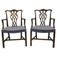 Vintage Georgian Chippendale Carved Mahogany Dining Captains Arm Chairs - Pair B