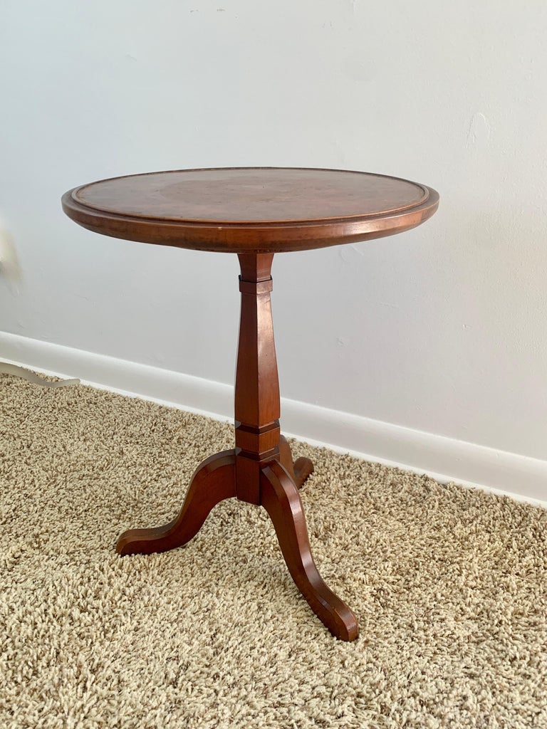 Vintage Embossed Leather Top Cherry Wood Round Side Table For Sale at 1stDibs