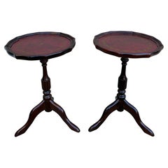 Vintage Georgian Embossed Red Leather Top Mahogany Side Tables, Pair
