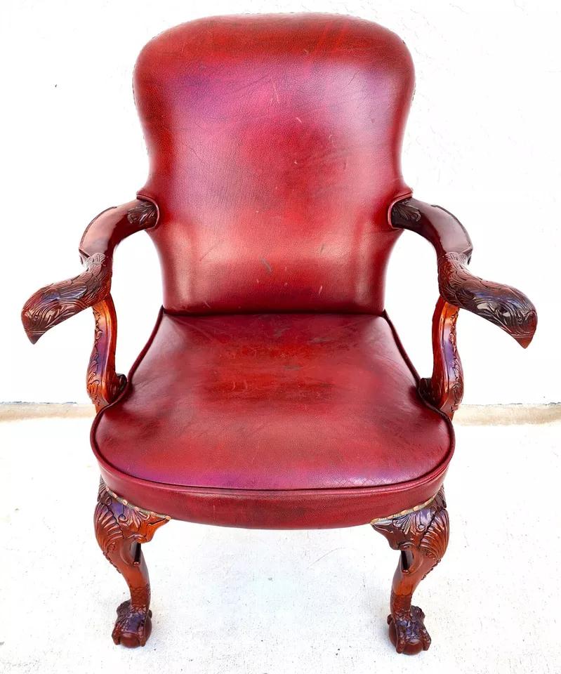 Vintage Georgian Mahogany Carved Eagle Leather Armchair For Sale 1
