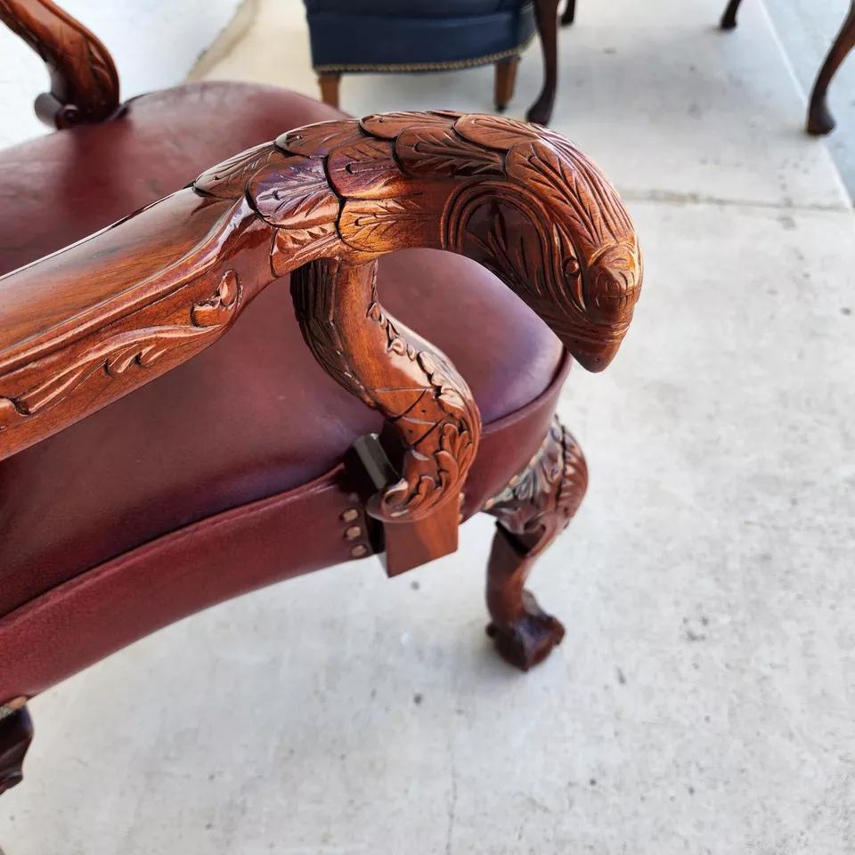 Vintage Georgian Mahogany Carved Eagle Leather Armchair For Sale 2