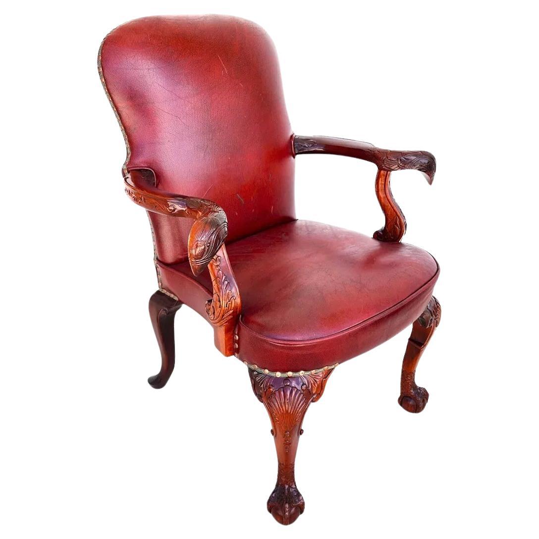 Vintage Georgian Mahogany Carved Eagle Leather Armchair For Sale