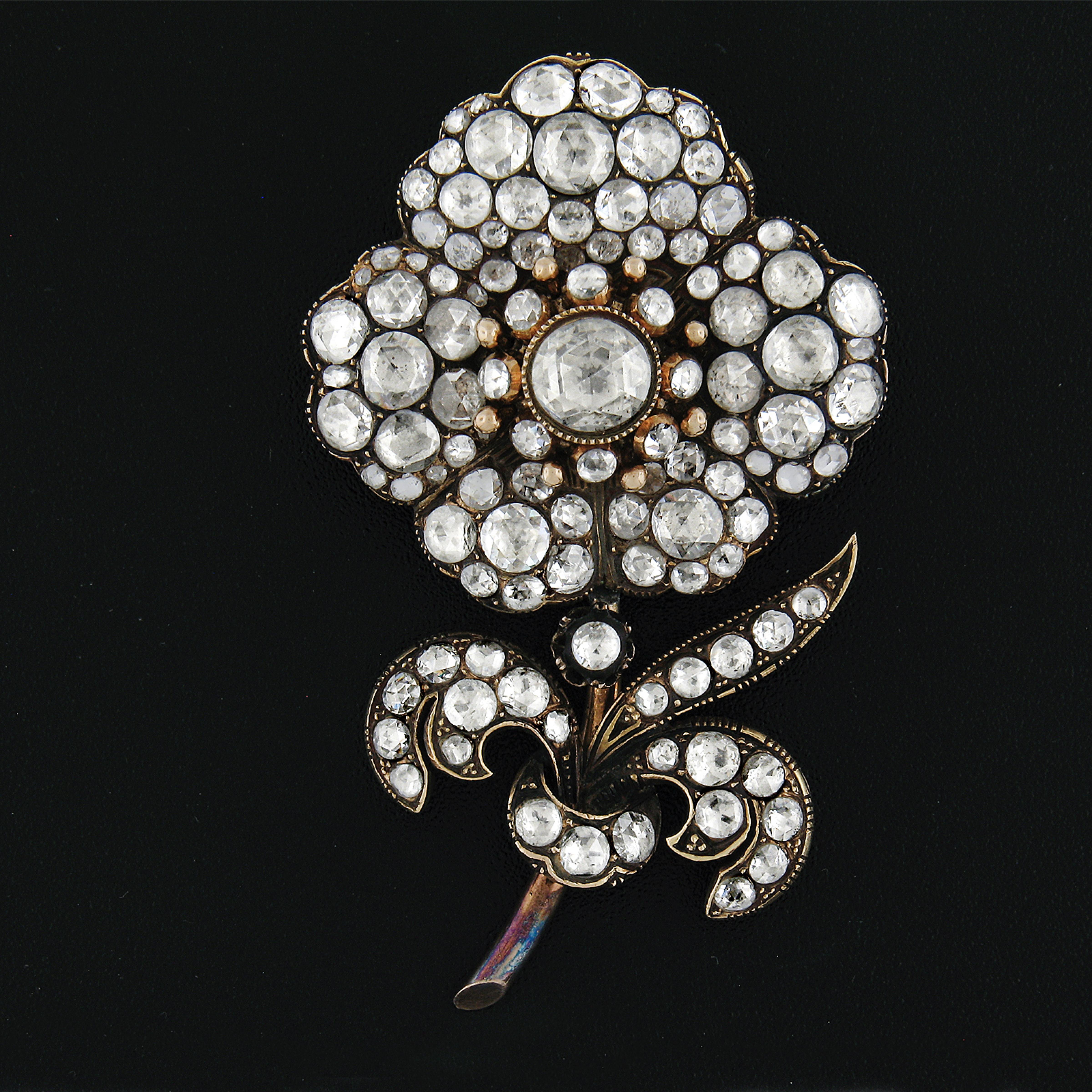 --Stone(s):--
Numerous Natural Genuine Diamonds - Rose Cut - Prong, Pave & Bezel Set
Total Carat Weight: 4-5 (approx.)

Material: Solid 14k Yellow Gold
Weight: 20.66 Grams
Overall Width: 32.4mm (1.2